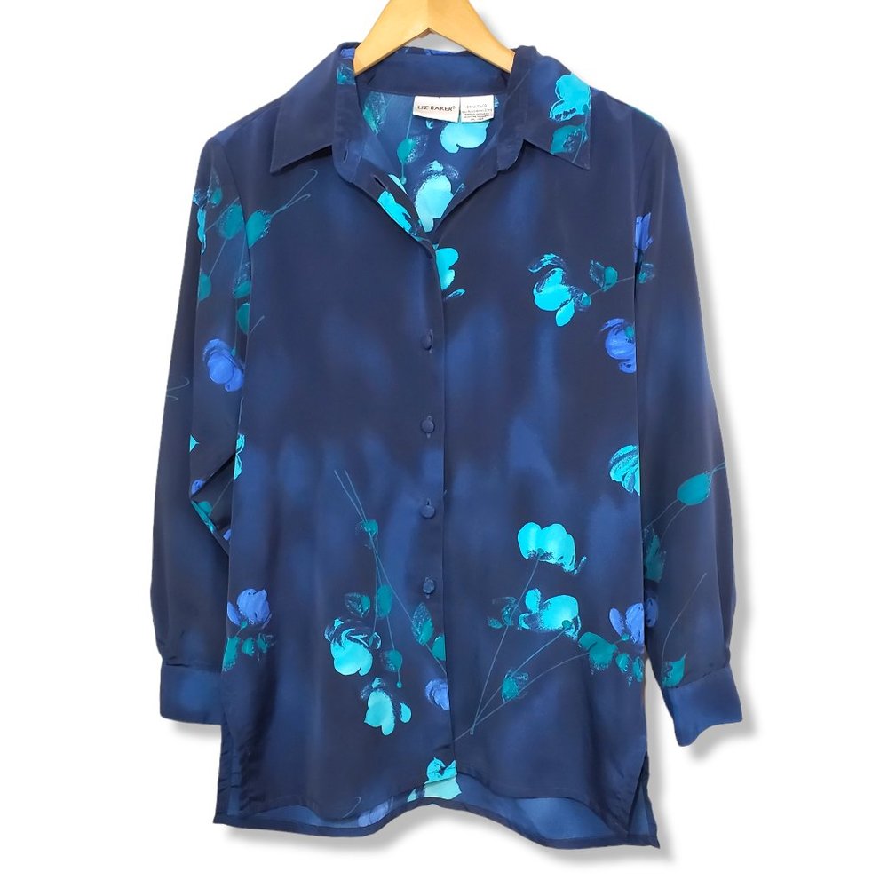 Liz Baker Blue Floral Print Oversized Button-up Size Small